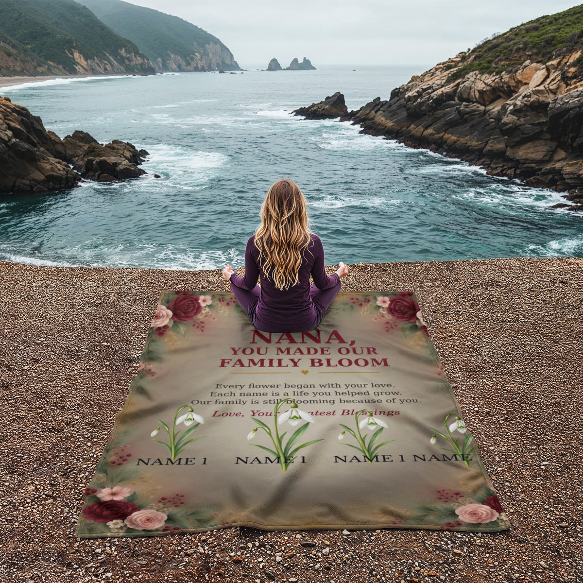 Personalized Nana birth flower blanket outdoor lifestyle view