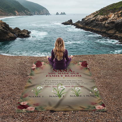 Personalized Nana birth flower blanket outdoor lifestyle view