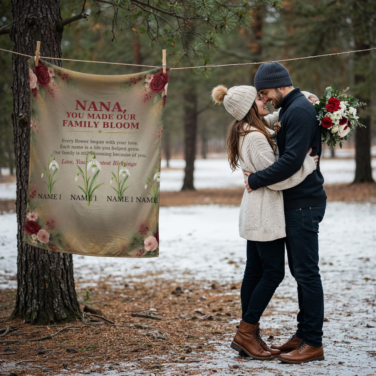 Nana family bloom blanket shown as a meaningful family gift