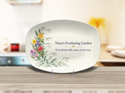 Personalized Nana birth flower platter displayed in a warm kitchen