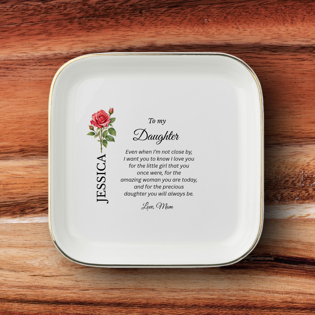 Daughter birth flower jewelry dish gift from Mom – gift-ready presentation