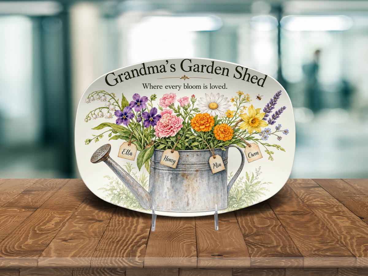 Personalized Grandma platter on display stand