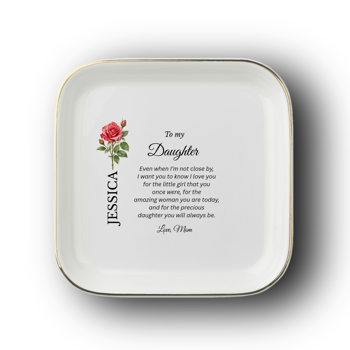 Daughter birth flower jewelry dish gift from Mom – clean close-up view