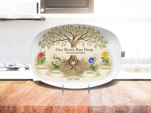 Personalized family tree birth flower platter displayed in a warm kitchen