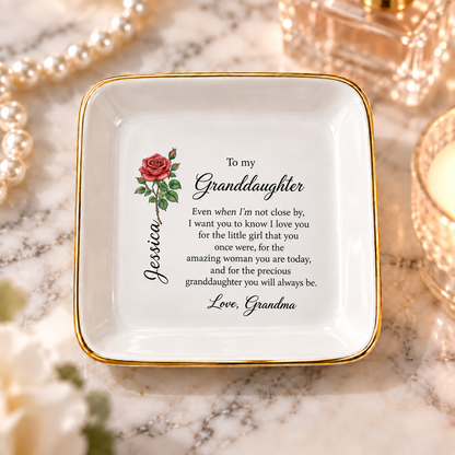 Granddaughter birth flower jewelry dish gift from Grandma – display pedestal view