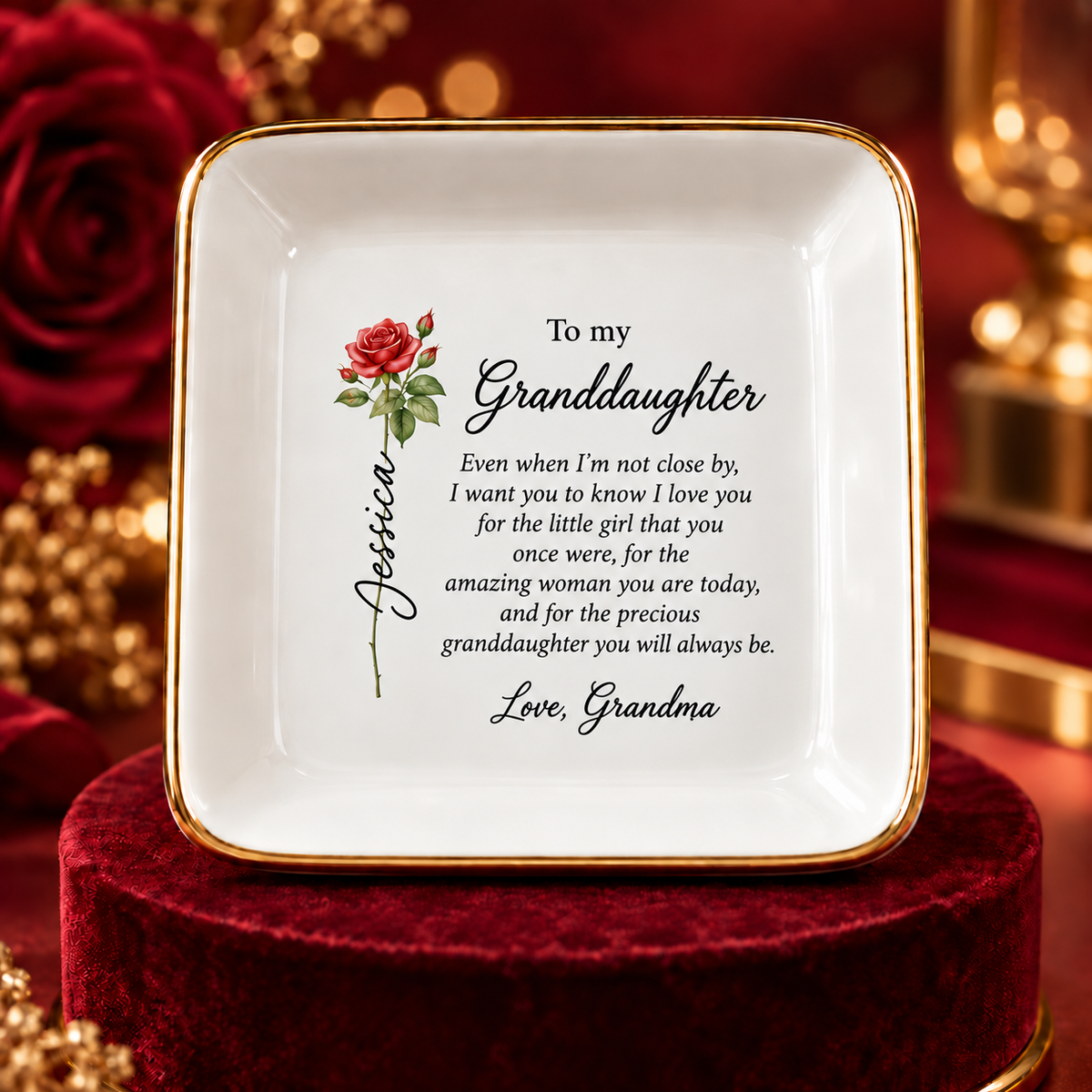 Granddaughter birth flower jewelry dish gift from Grandma – clean close-up view