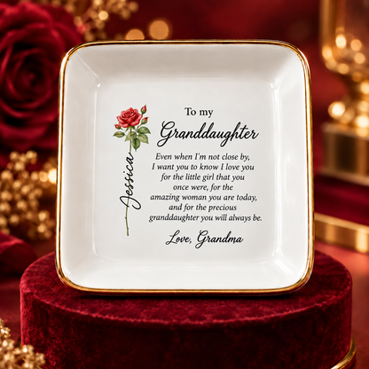 Granddaughter birth flower jewelry dish gift from Grandma – clean close-up view