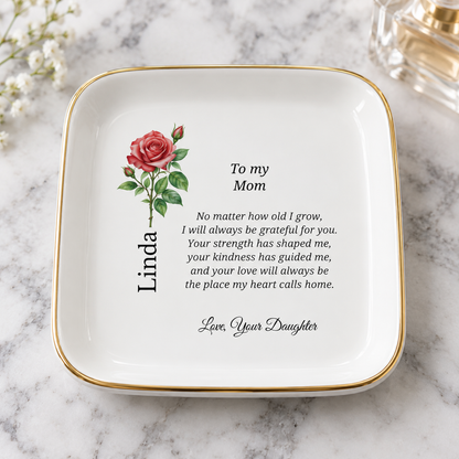 Mom birth flower jewelry dish gift from Daughter – clean close-up view