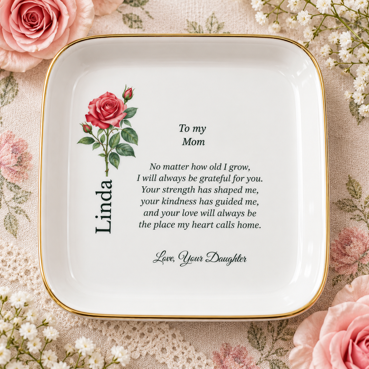 Mom birth flower jewelry dish gift from Daughter – floral lifestyle styling