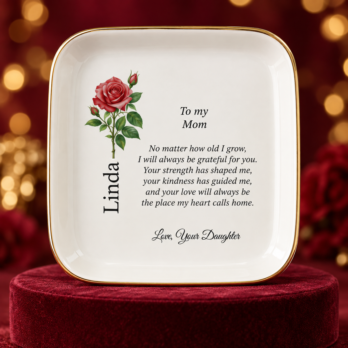 Mom birth flower jewelry dish gift from Daughter – display pedestal view