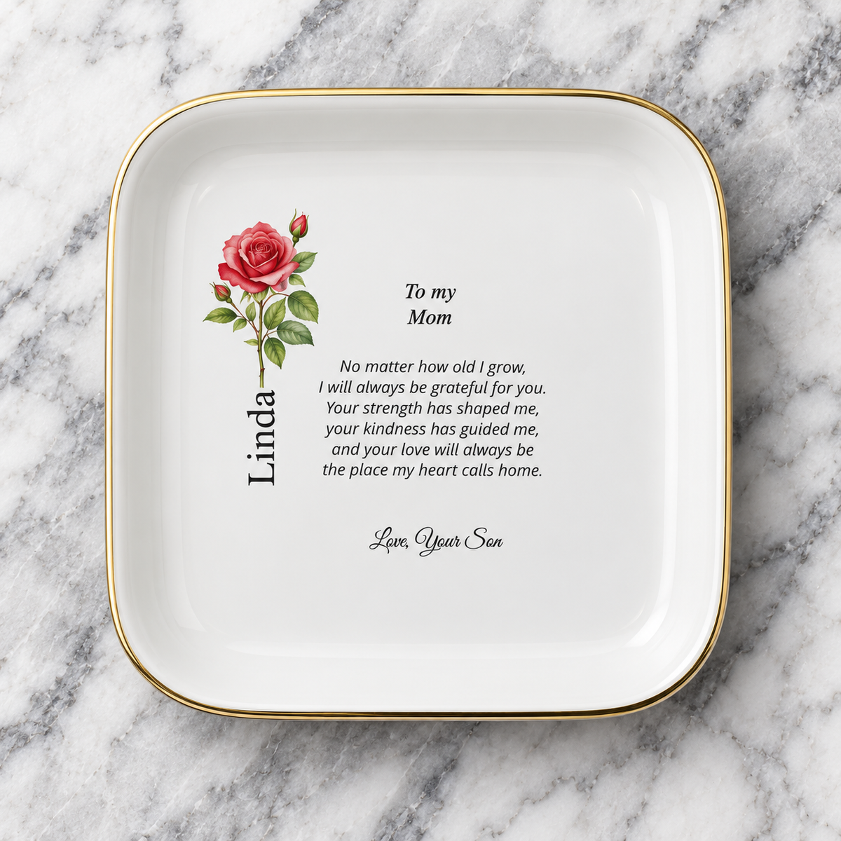 Mom birth flower jewelry dish gift from Son – clean close-up view