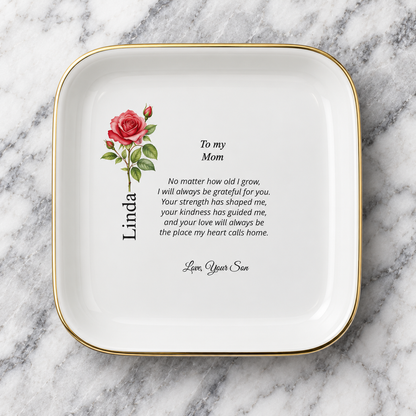 Mom birth flower jewelry dish gift from Son – clean close-up view