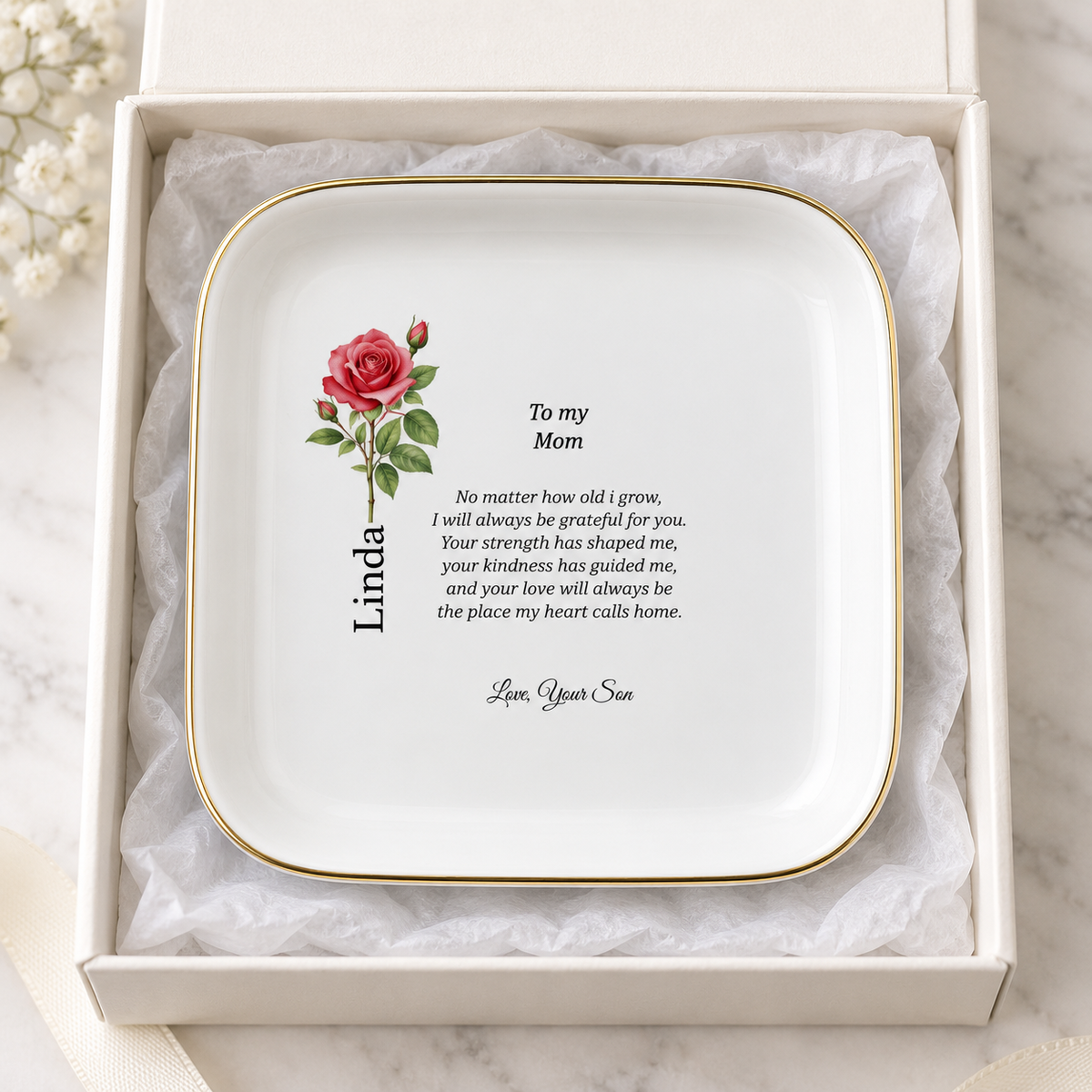Mom birth flower jewelry dish gift from Son – gift-ready presentation
