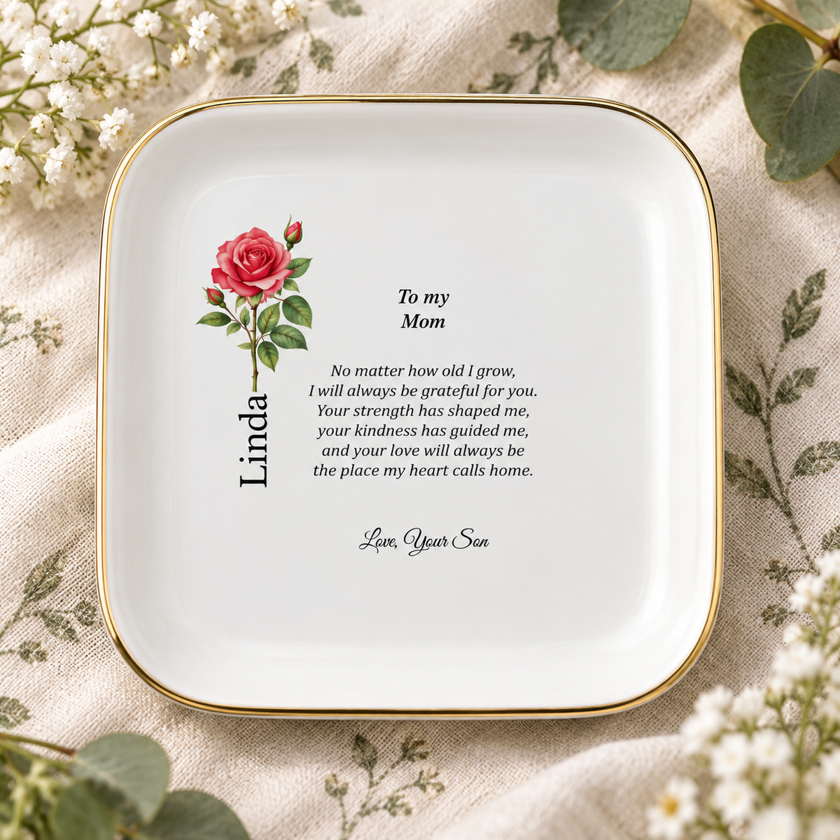 Mom birth flower jewelry dish gift from Son – floral lifestyle styling