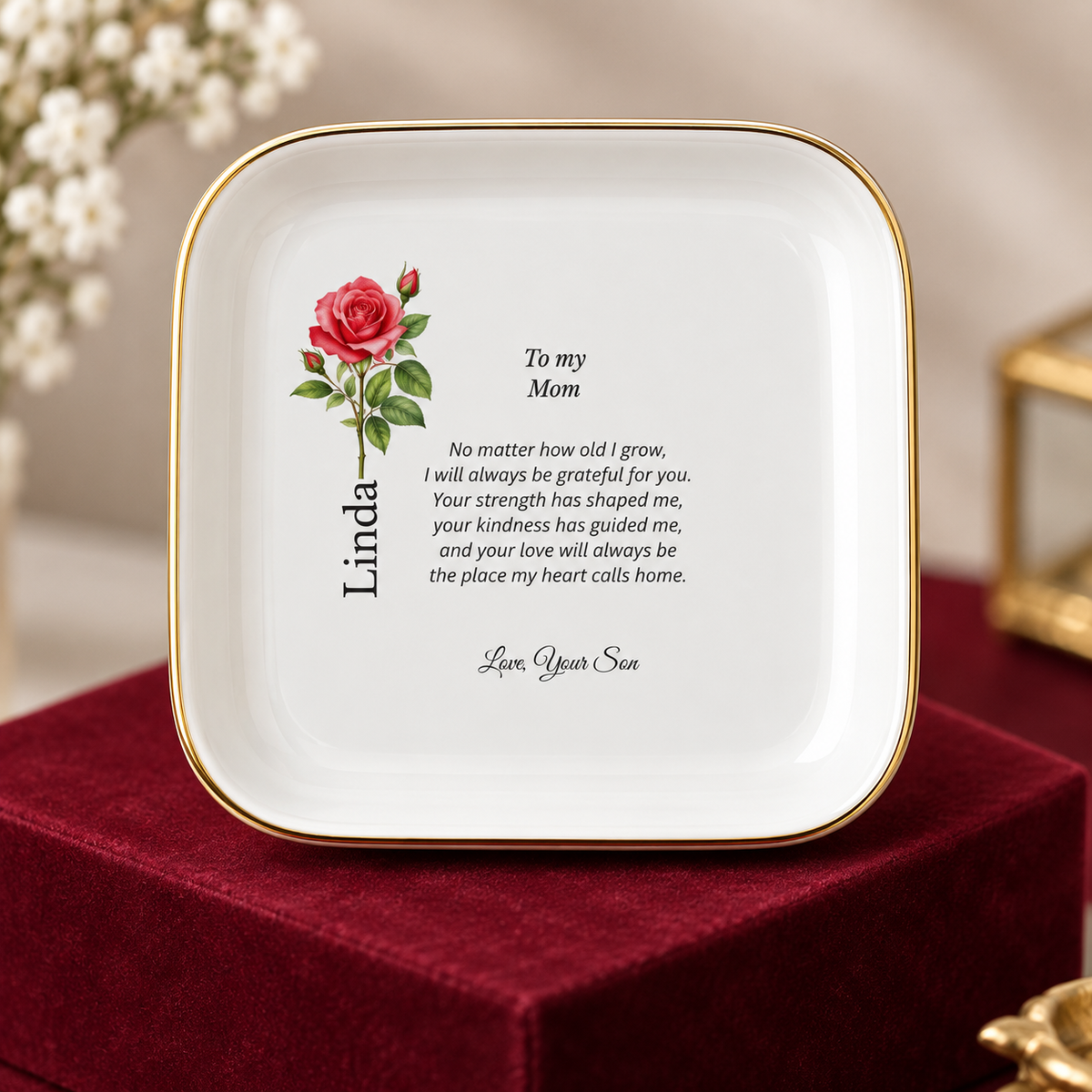 Mom birth flower jewelry dish gift from Son – display pedestal view
