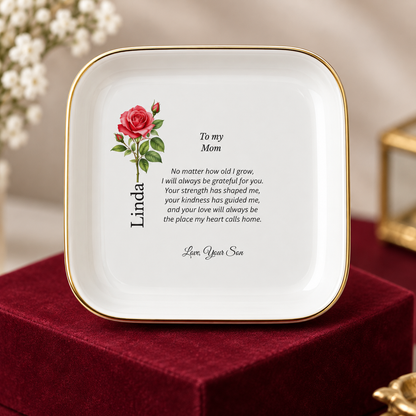 Mom birth flower jewelry dish gift from Son – display pedestal view