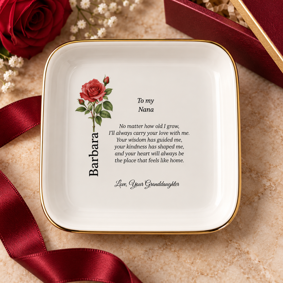 Nana birth flower jewelry dish gift from Granddaughter – display pedestal view
