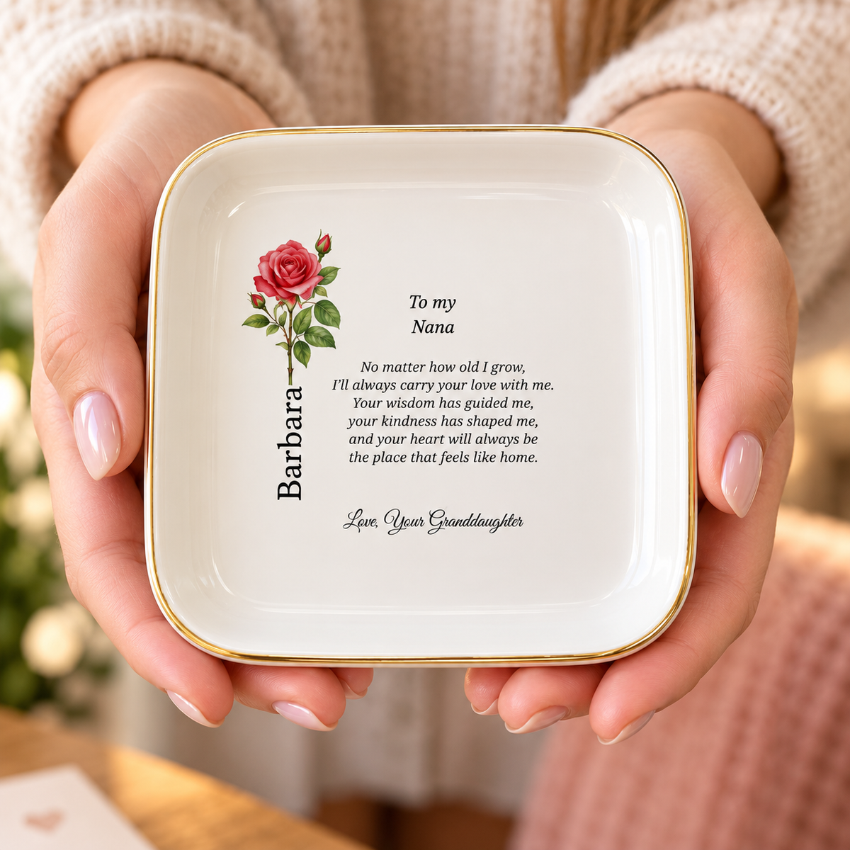 Nana birth flower jewelry dish gift from Granddaughter – alternate product angle
