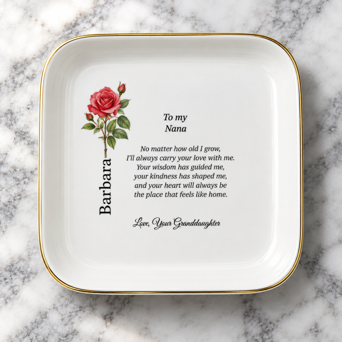 Nana birth flower jewelry dish gift from Granddaughter – clean close-up view