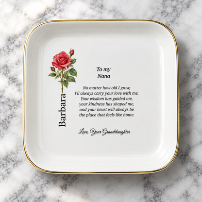 Nana birth flower jewelry dish gift from Granddaughter – clean close-up view
