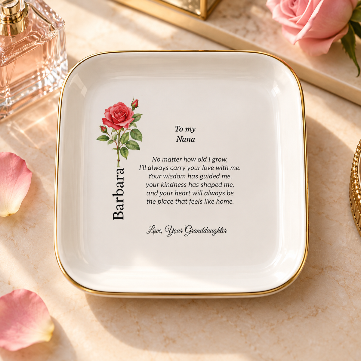 Nana birth flower jewelry dish gift from Granddaughter – floral lifestyle styling