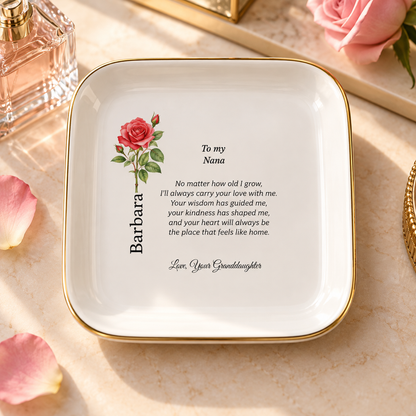 Nana birth flower jewelry dish gift from Granddaughter – floral lifestyle styling