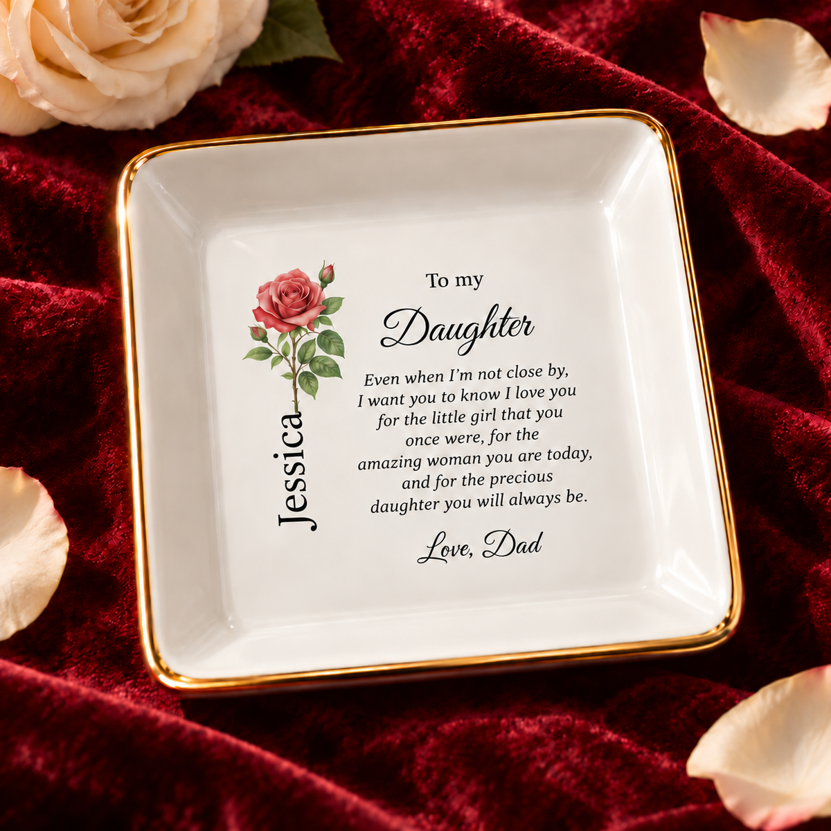 Daughter birth flower jewelry dish gift from Dad – clean close-up view
