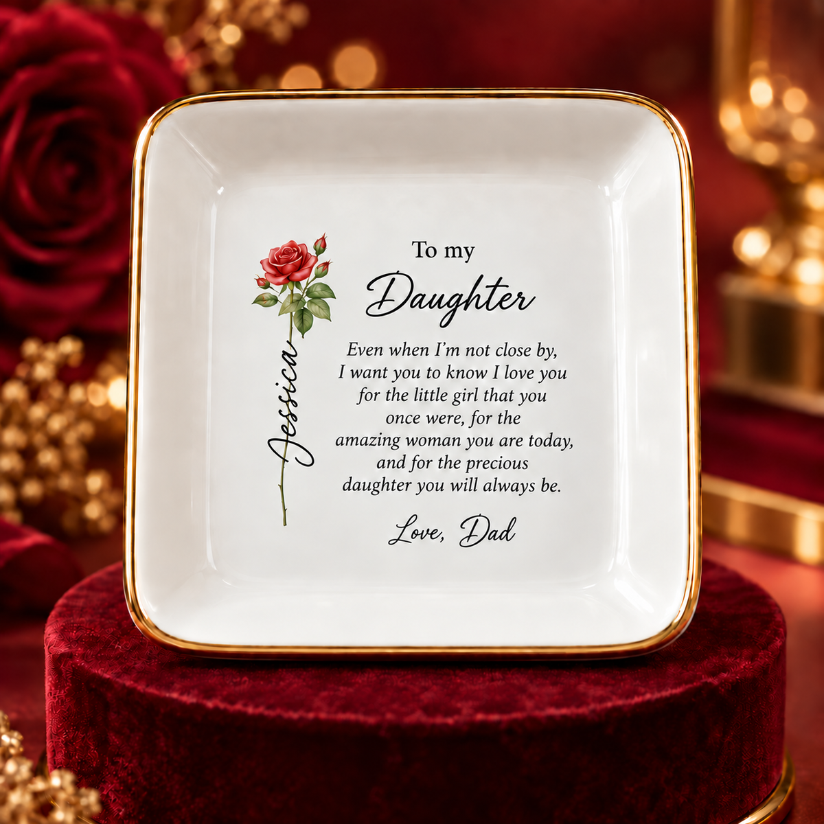 Daughter birth flower jewelry dish gift from Dad – display pedestal view