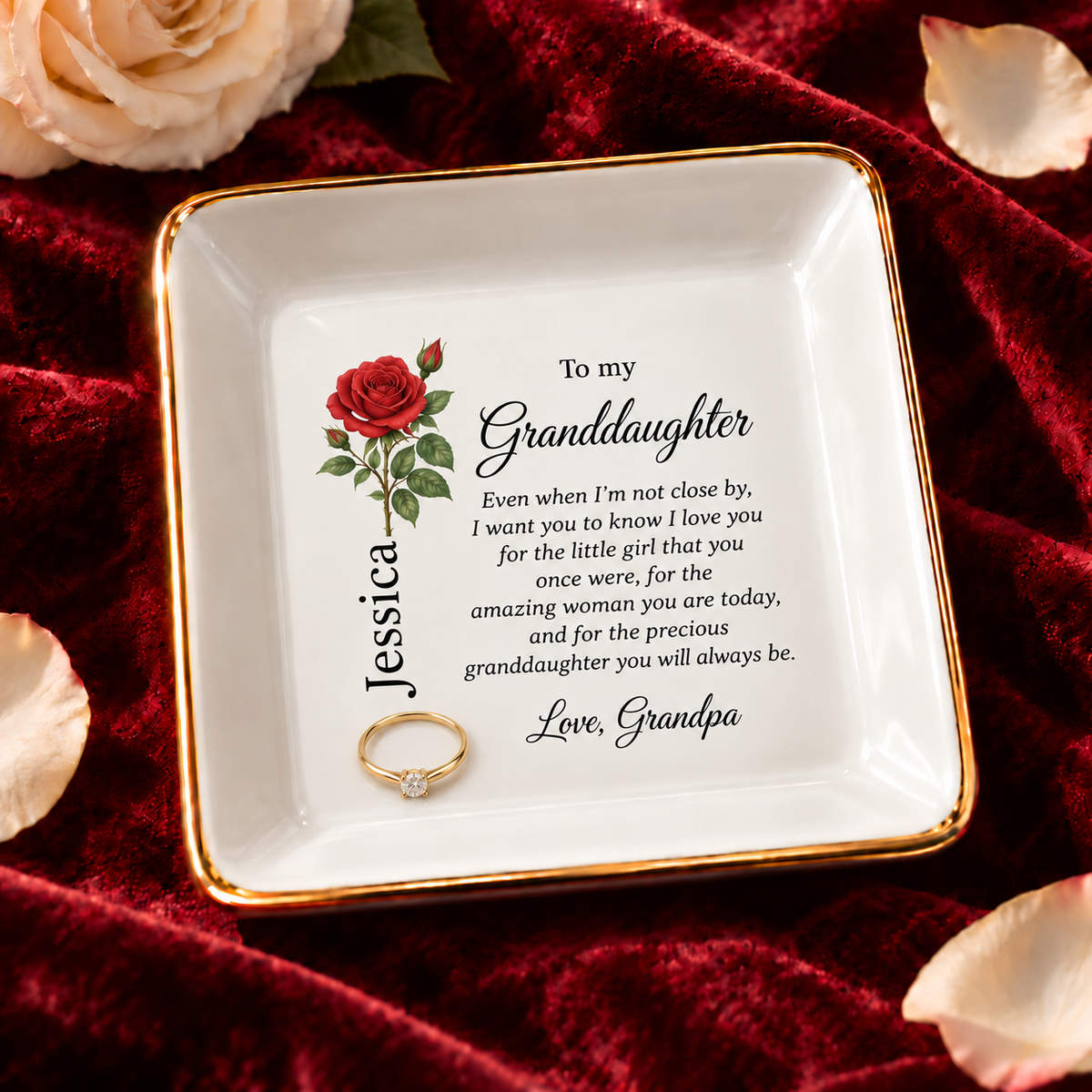 Granddaughter birth flower jewelry dish gift from Grandpa – premium hero view