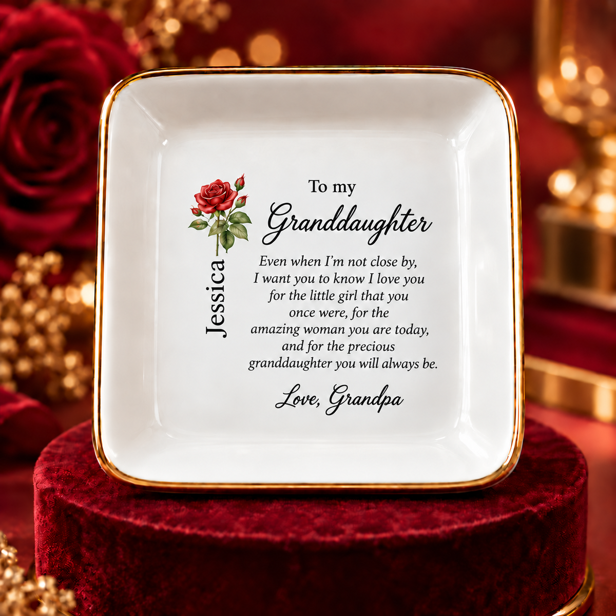 Granddaughter birth flower jewelry dish gift from Grandpa – display pedestal view