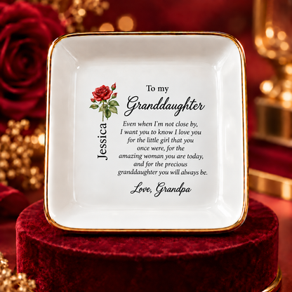 Granddaughter birth flower jewelry dish gift from Grandpa – display pedestal view