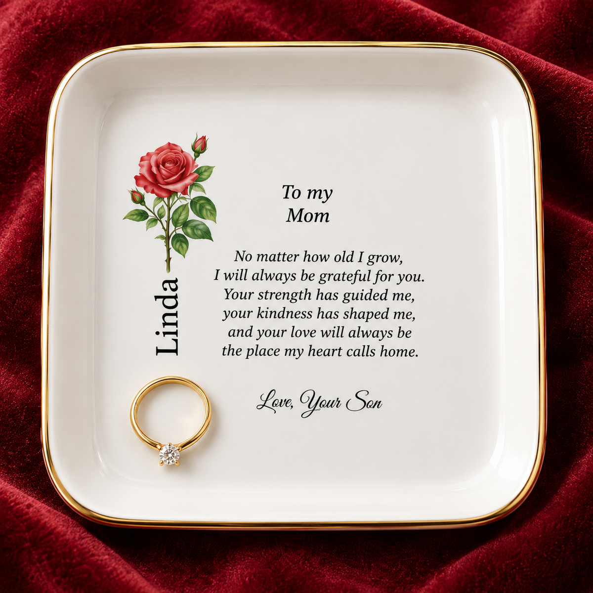 Mom birth flower jewelry dish gift from Son – premium hero view