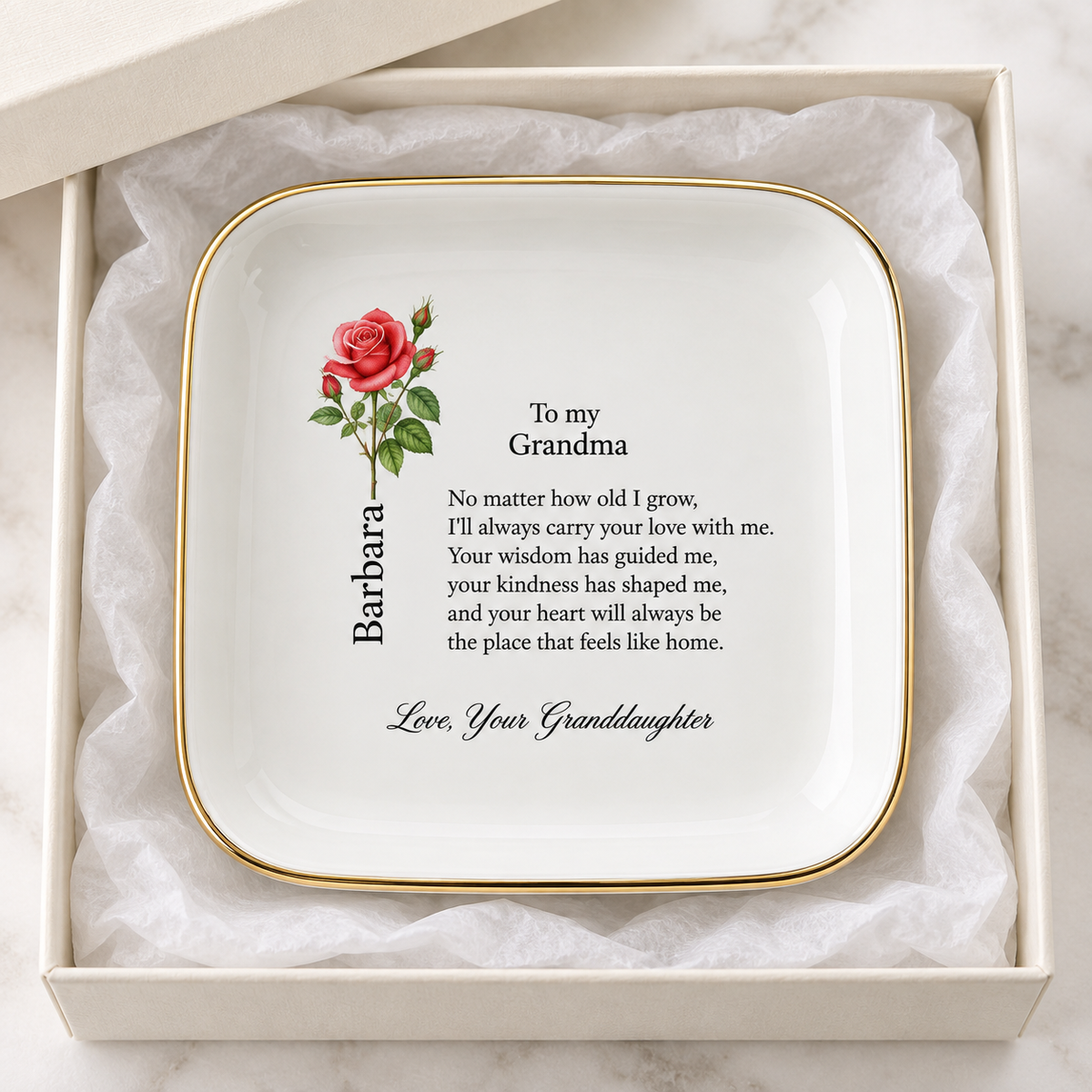 Grandma birth flower jewelry dish gift from Granddaughter – gift-ready presentation