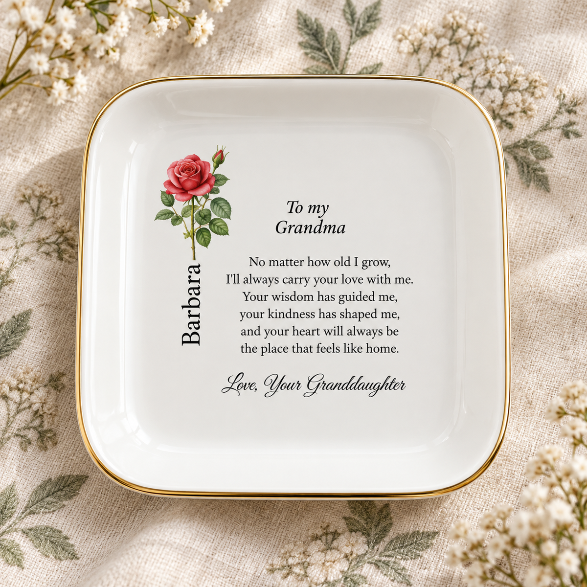 Grandma birth flower jewelry dish gift from Granddaughter – floral lifestyle styling