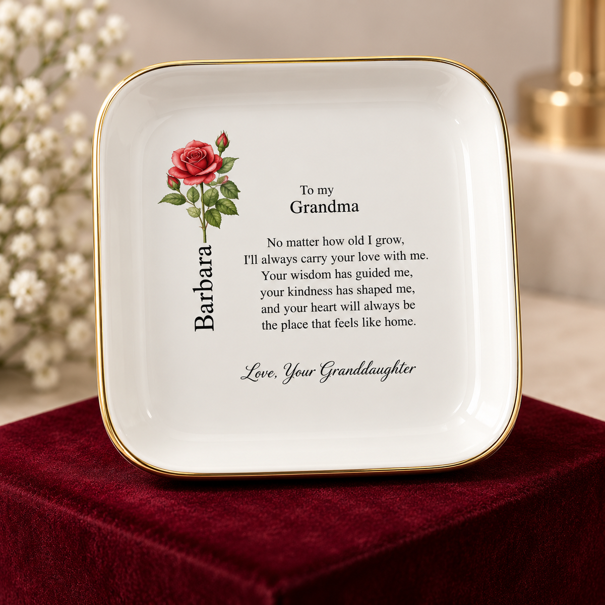 Grandma birth flower jewelry dish gift from Granddaughter – display pedestal view