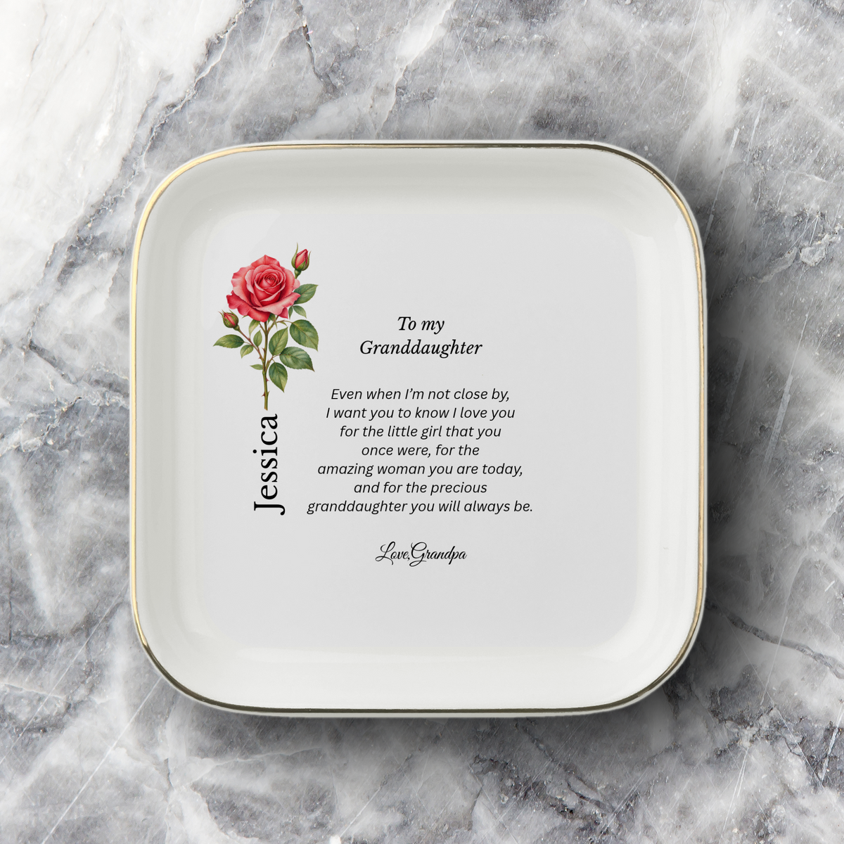 Granddaughter birth flower jewelry dish gift from Grandpa – alternate product angle