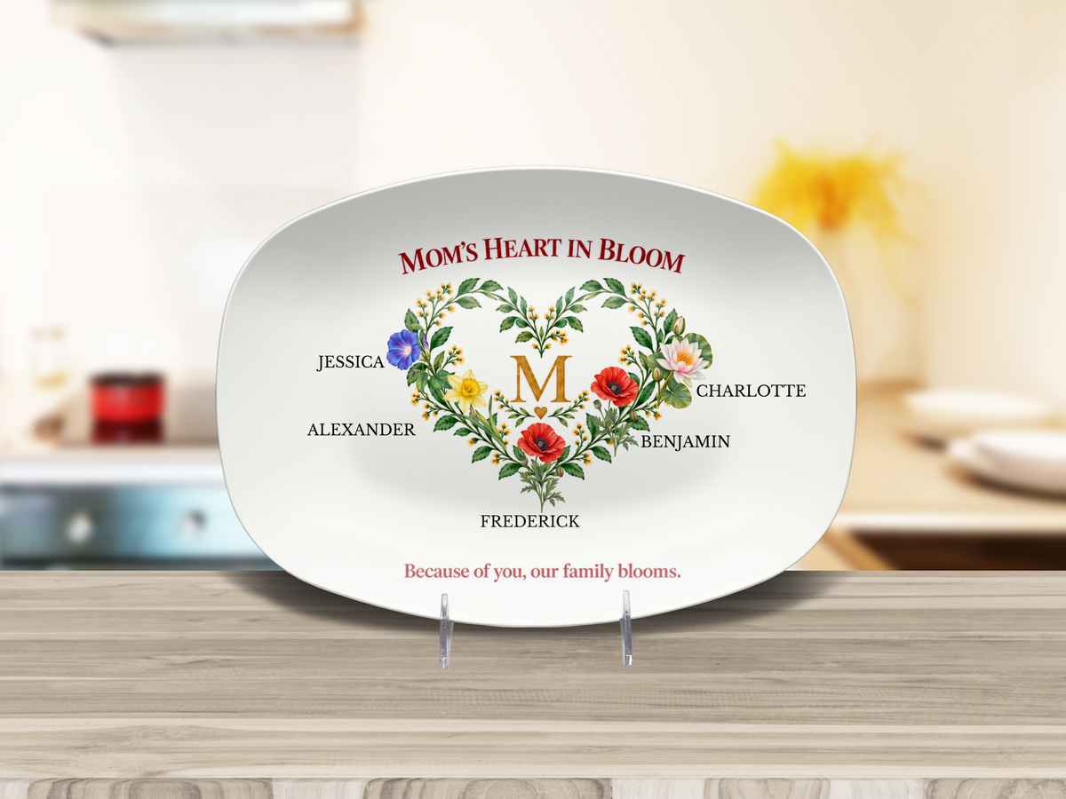 Mom’s Heart in Bloom platter on a display stand