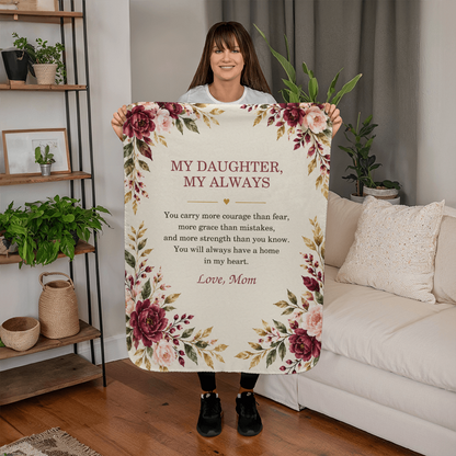 To My Daughter Sherpa blanket held in a warm living room