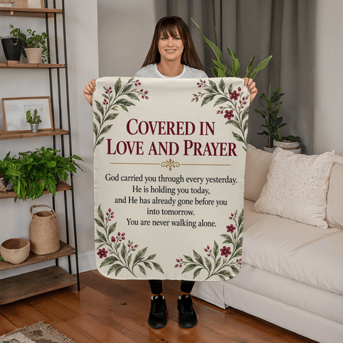 Personalized Christian Sherpa blanket held in a warm living room