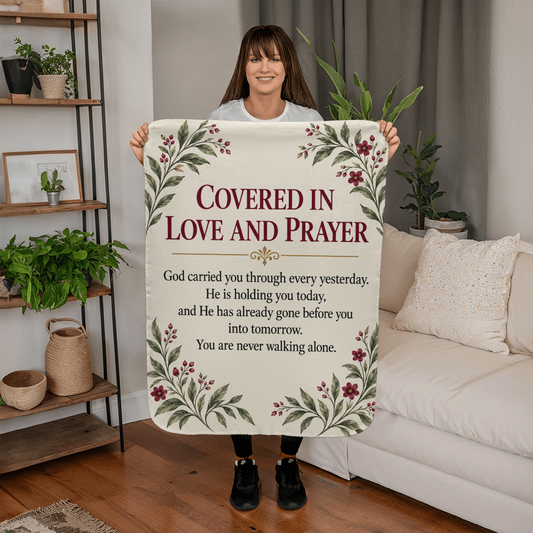 Personalized Christian Sherpa blanket held in a warm living room