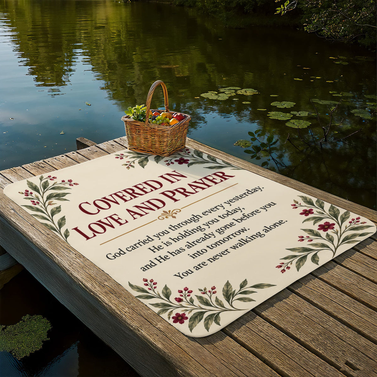 Christian encouragement blanket displayed outdoors by a peaceful lake