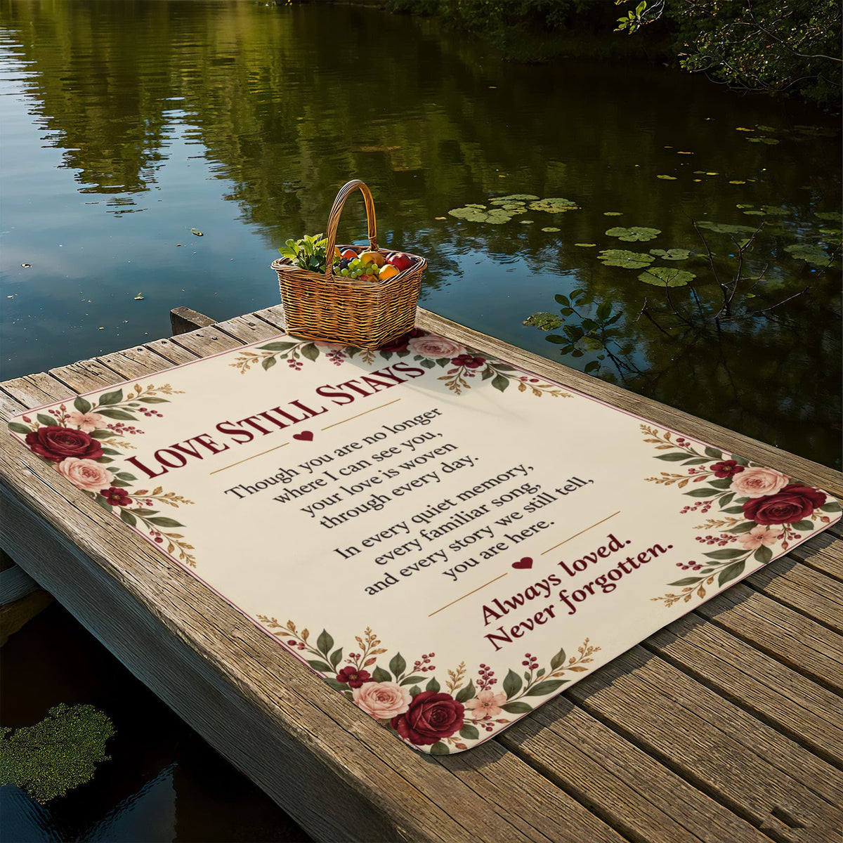 Memorial sympathy blanket displayed beside a quiet lake