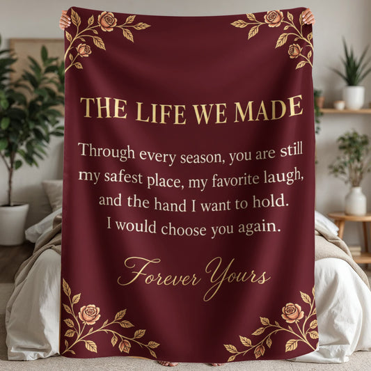 To My Wife Sherpa blanket styled in a warm bedroom