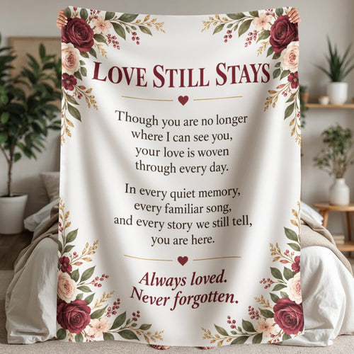 Love Still Stays memorial Sherpa blanket styled in a peaceful bedroom