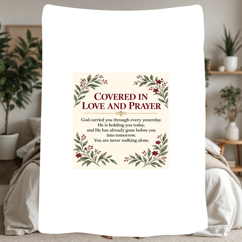 Covered in Love and Prayer Sherpa blanket styled on a bed