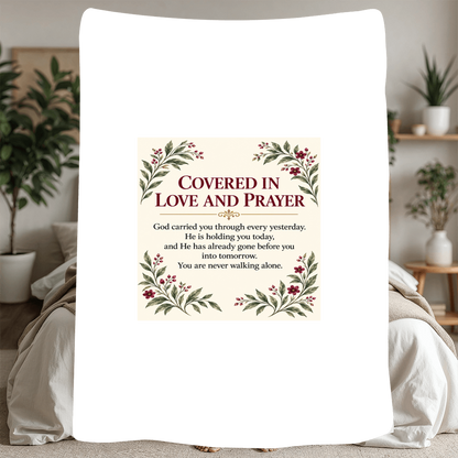 Covered in Love and Prayer Sherpa blanket styled on a bed