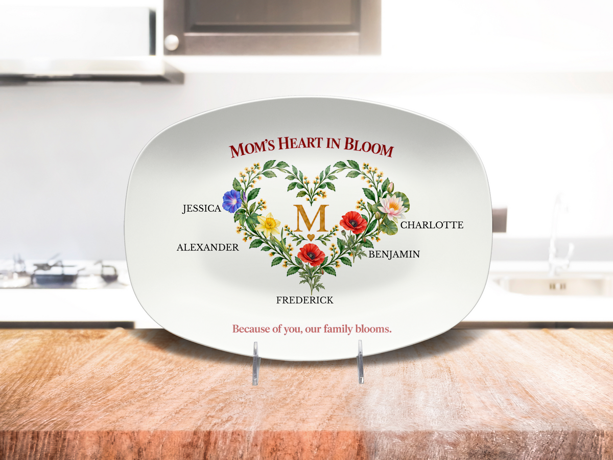 Personalized Mom birth flower platter displayed in a warm kitchen