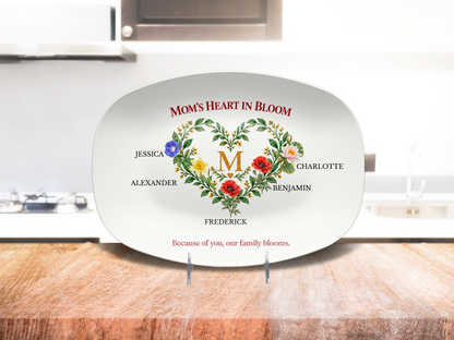 Personalized Mom birth flower platter displayed in a warm kitchen
