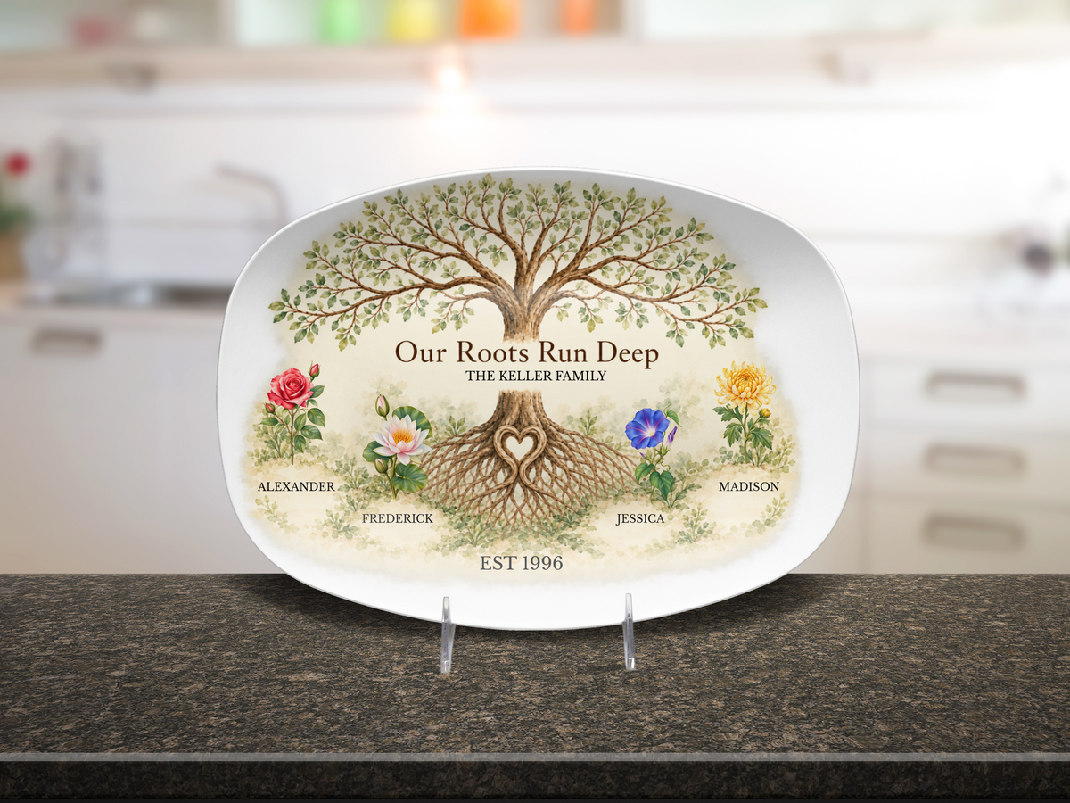 Personalized family tree platter on a dark kitchen counter