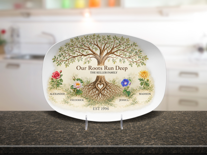 Personalized family tree platter on a dark kitchen counter